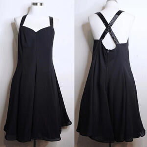 VTG Reworked Black Beaded Cross Strap A Line Cocktail Formal Dress - Large